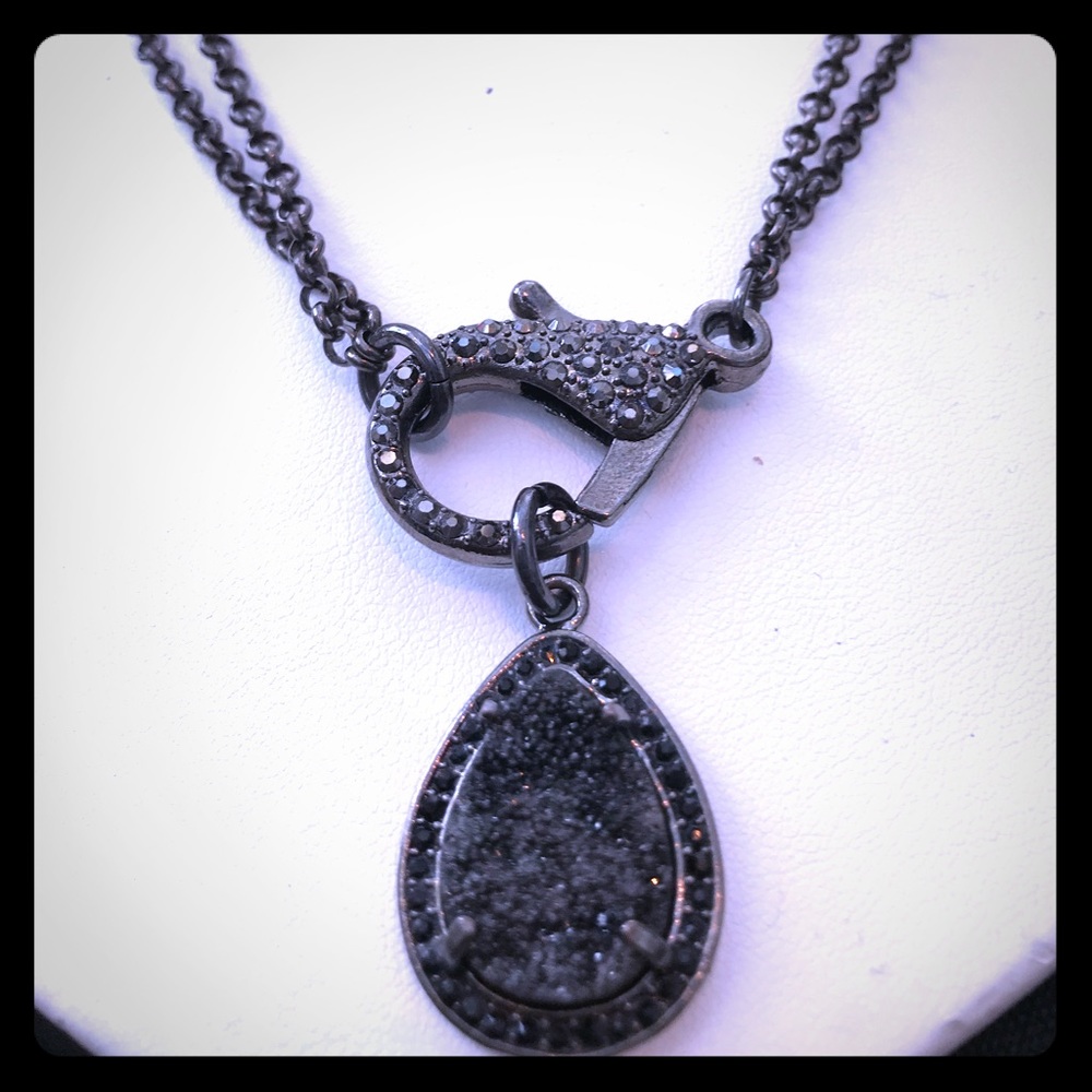 Black double chain necklace with black crystal